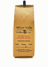 Load image into Gallery viewer, A 12 oz bag of Silver Falls Coffee Co. Silver Falls Espresso Blend ground coffee in a brown kraft paper bag, shown against a plain white background.